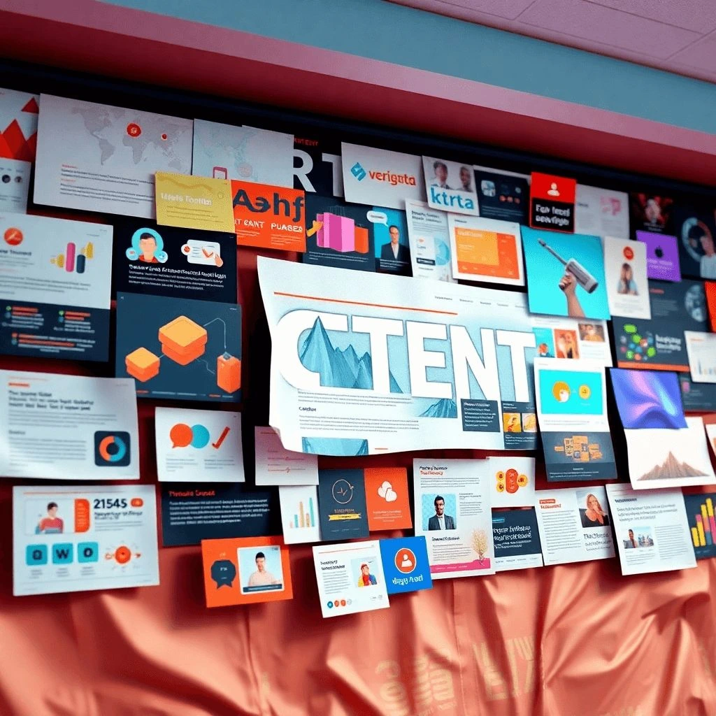 Lienzo digital con contenido atractivo: artículos, infografías y videos, mostrando el poder del content marketing. Paleta de colores vibrante y dinámica.